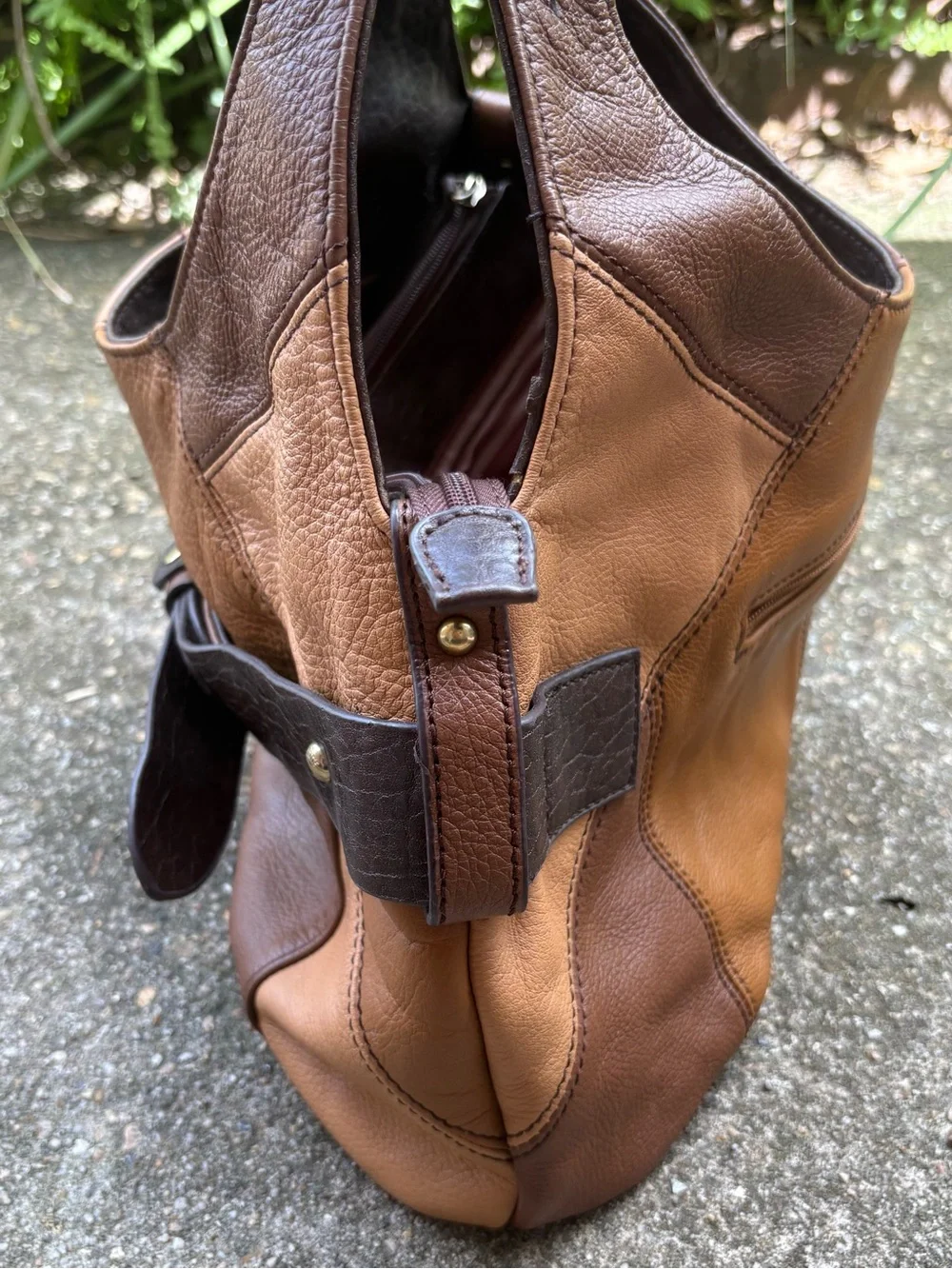 Vtg Etienne Aigner Hobo Brown Leather Colorblock Patchwork Bag Buckle Accent